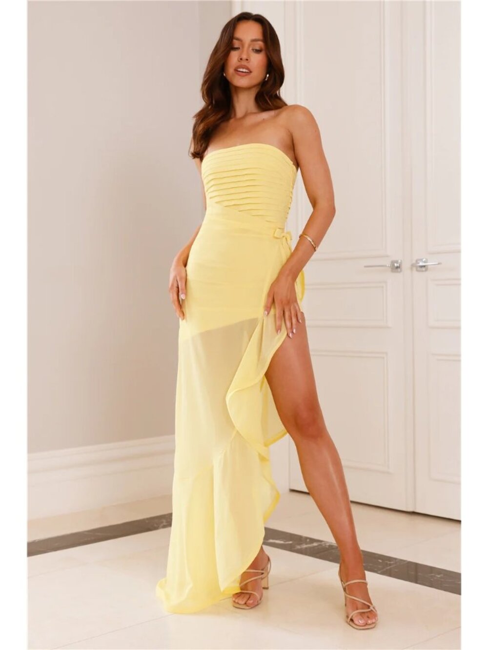 Hello Molly M Celebrating Love Maxi Dress Yellow Frill Strapless Sheer Fairycore - Picture 4 of 16